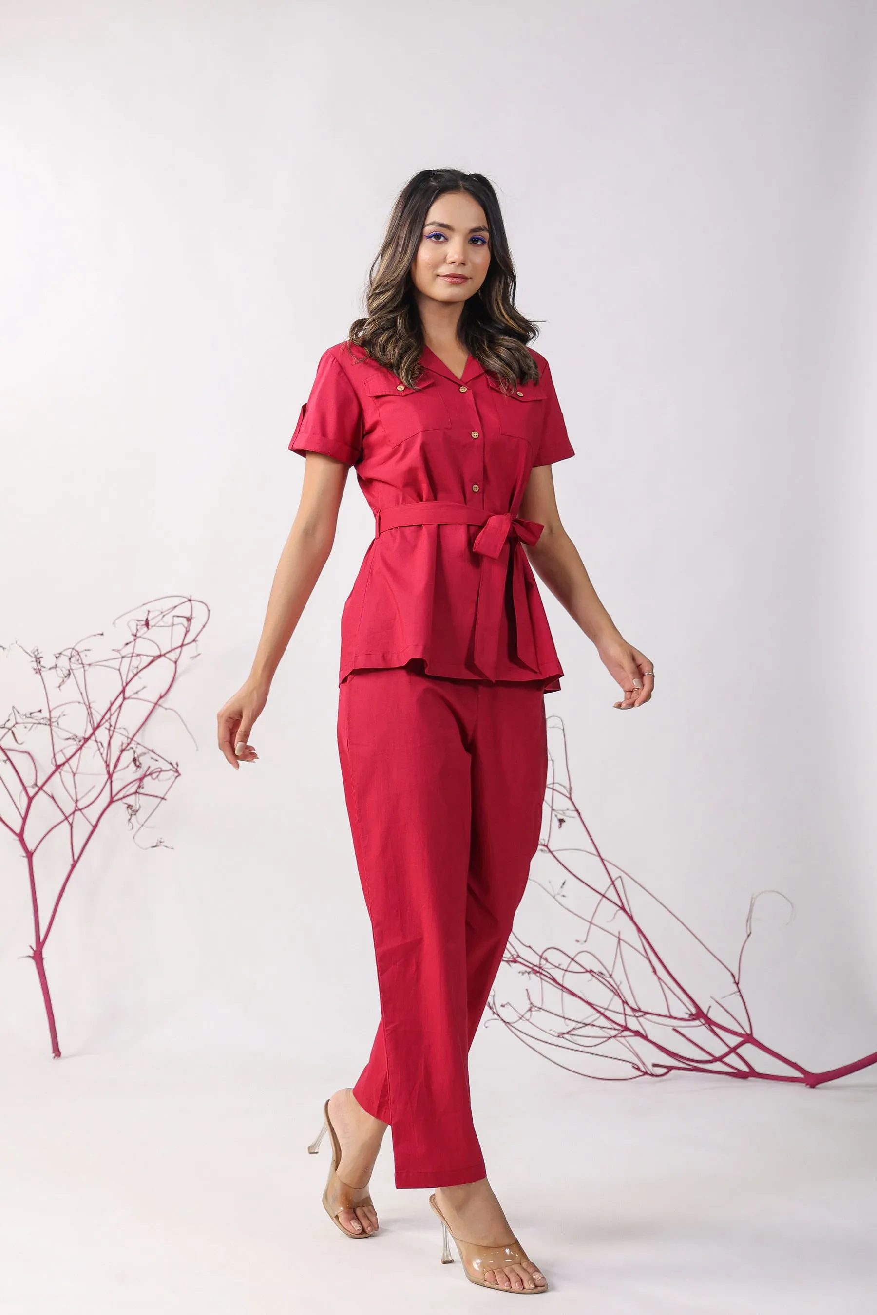 Classic Maroon Cotton Loungewear Top Set