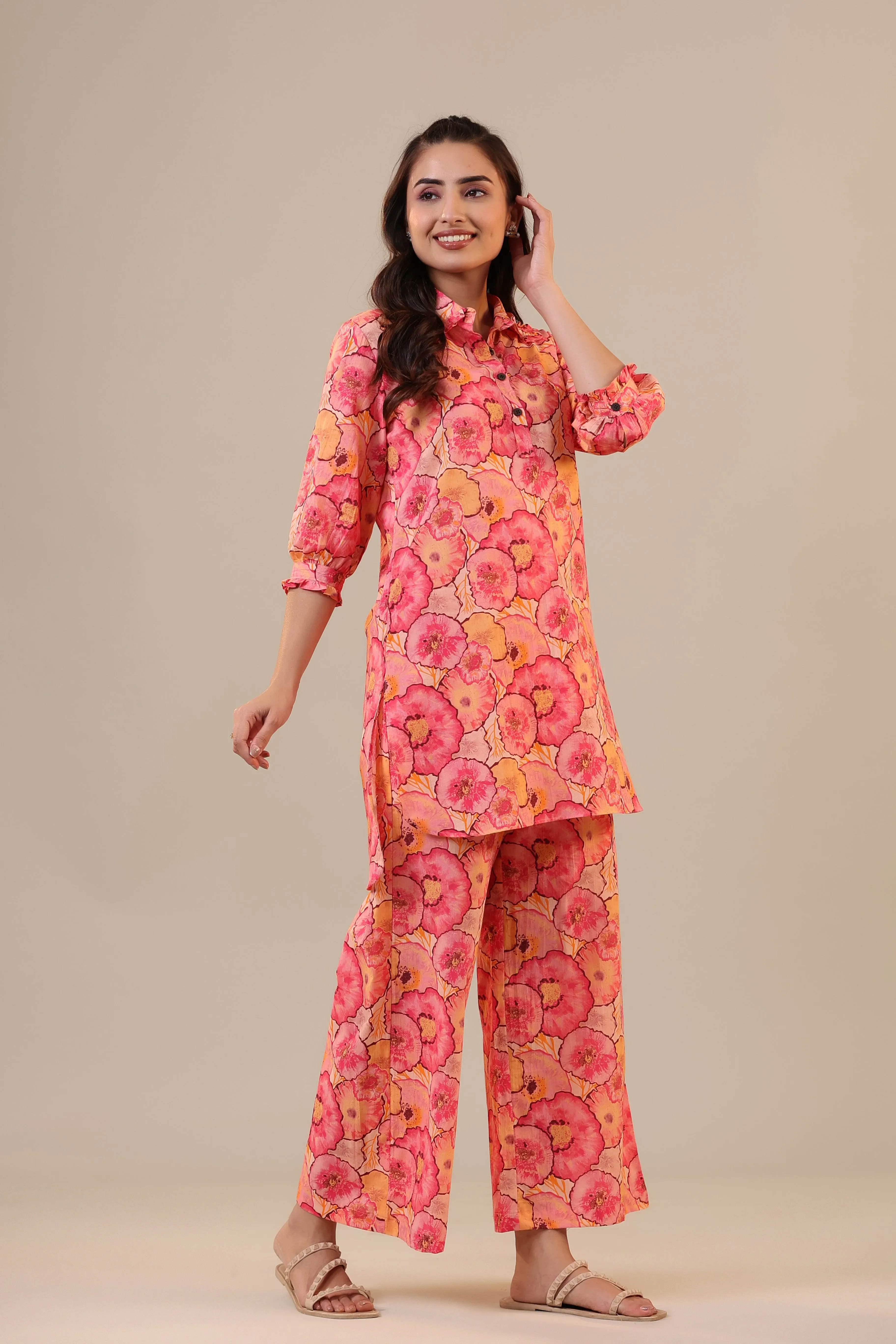 Colourful Chrysanthemum on Pink Cotton Palazzo Loungewear Set