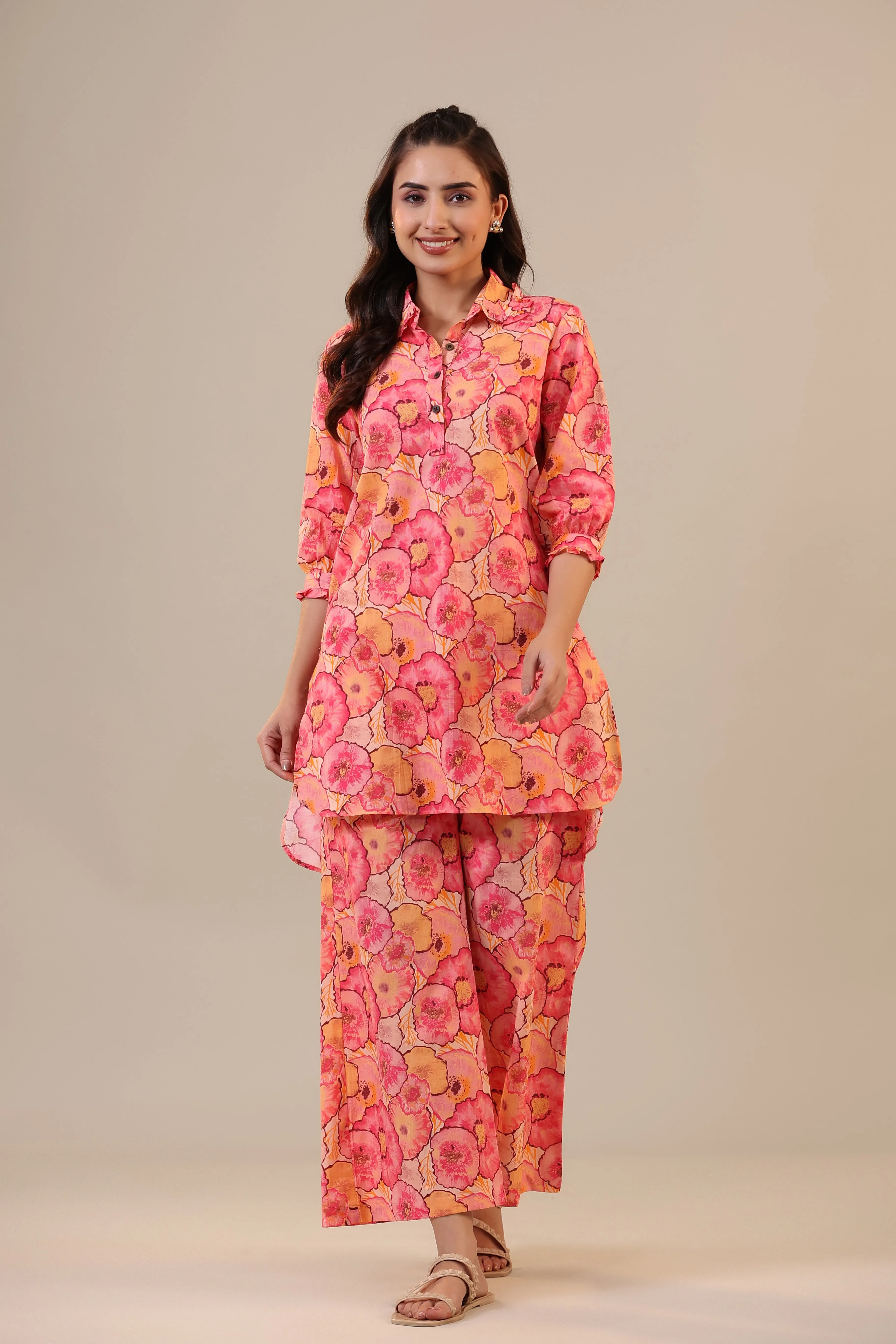 Colourful Chrysanthemum on Pink Cotton Palazzo Loungewear Set