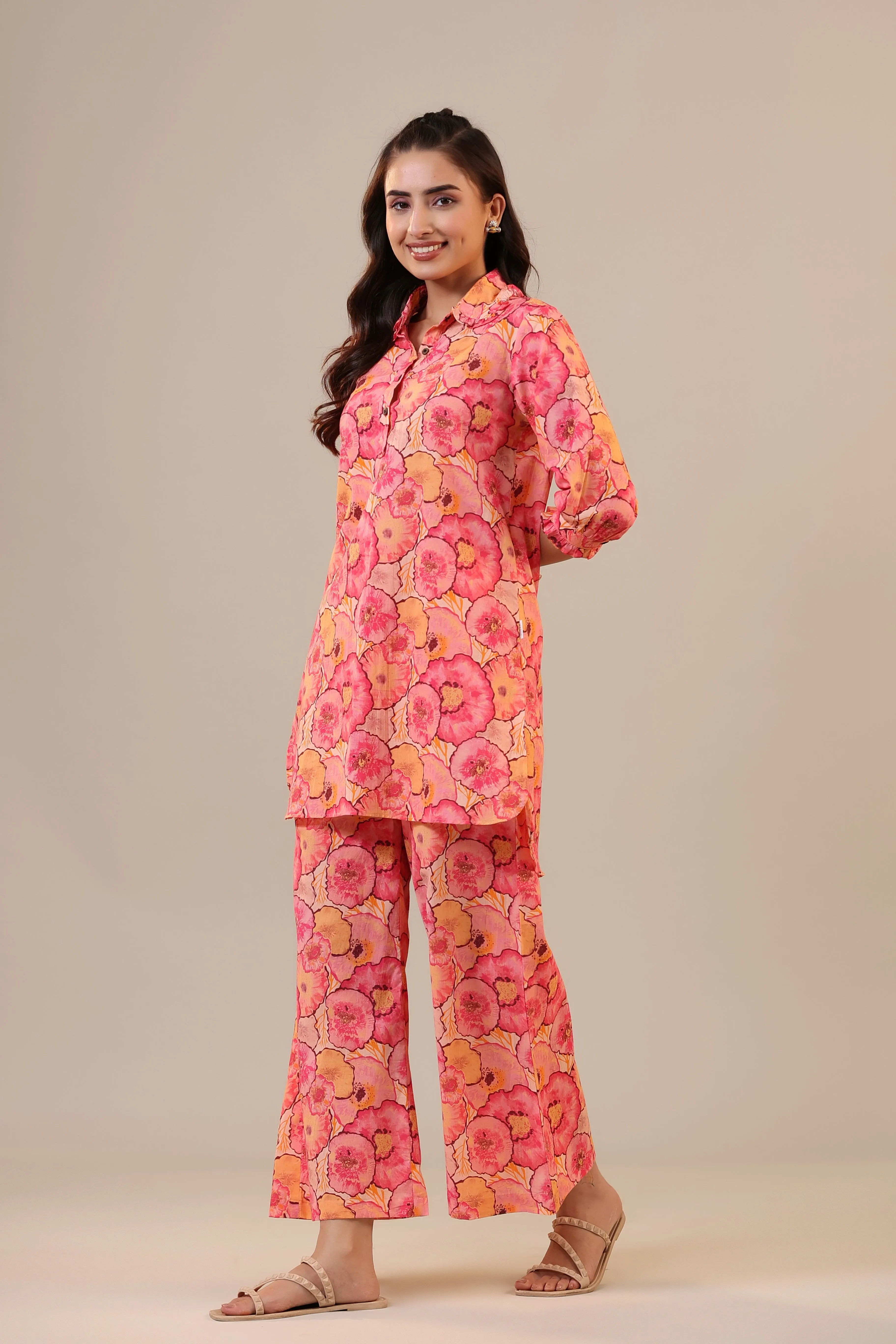 Colourful Chrysanthemum on Pink Cotton Palazzo Loungewear Set