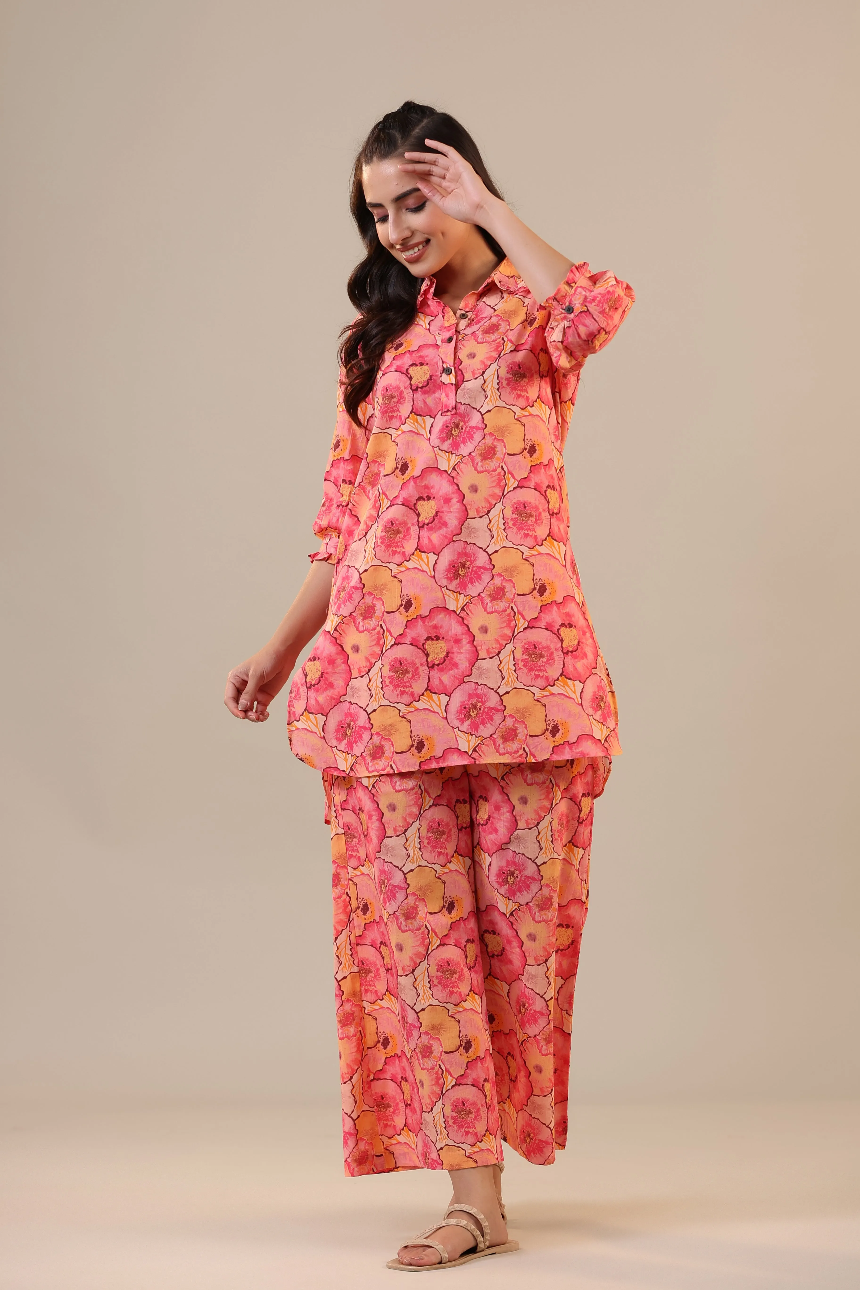 Colourful Chrysanthemum on Pink Cotton Palazzo Loungewear Set