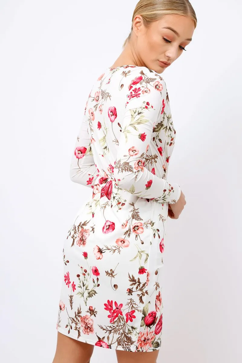 Cream Floral Long Sleeved Dress - Delanie