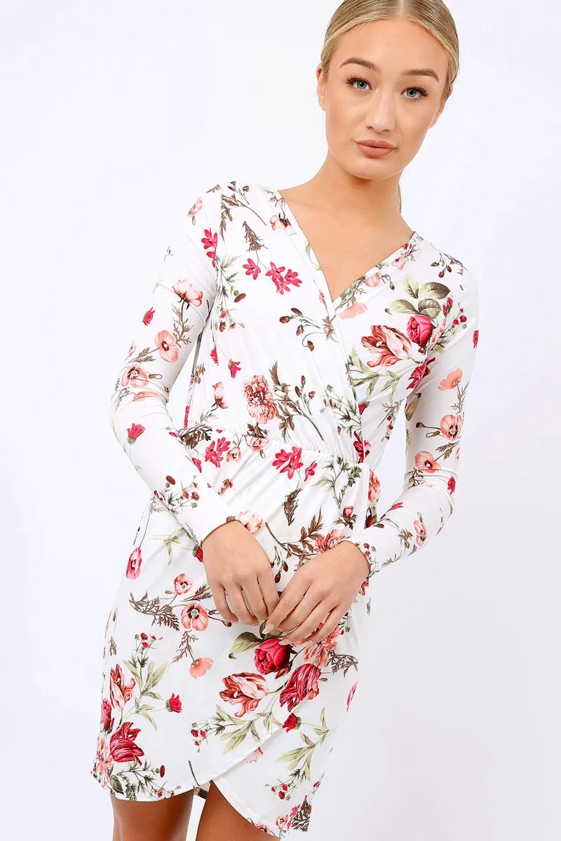 Cream Floral Long Sleeved Dress - Delanie