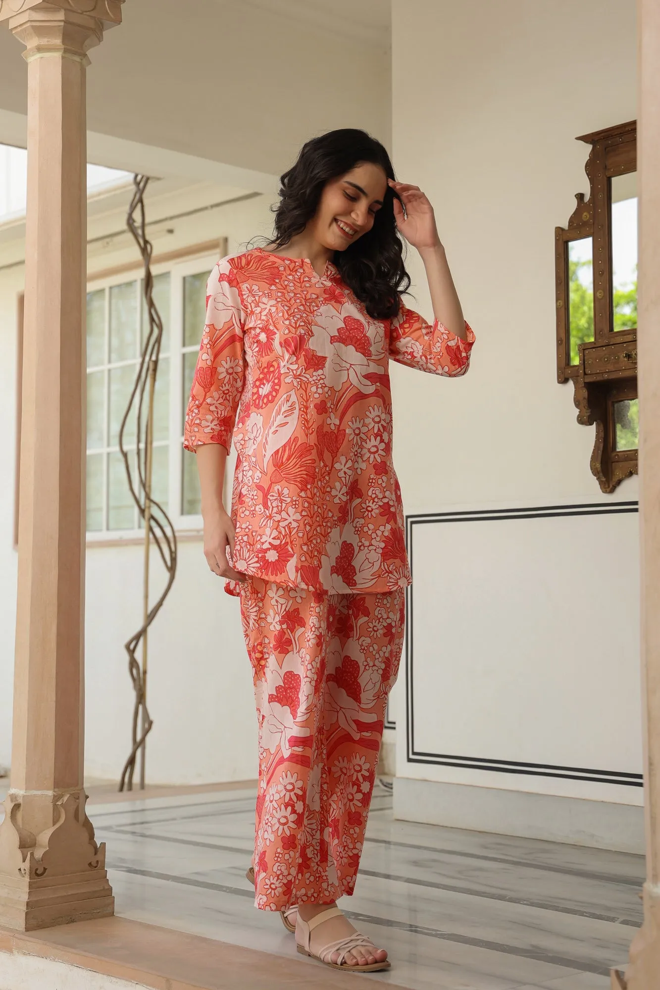 Crimson Garden Cotton Palazzo Loungewear Set