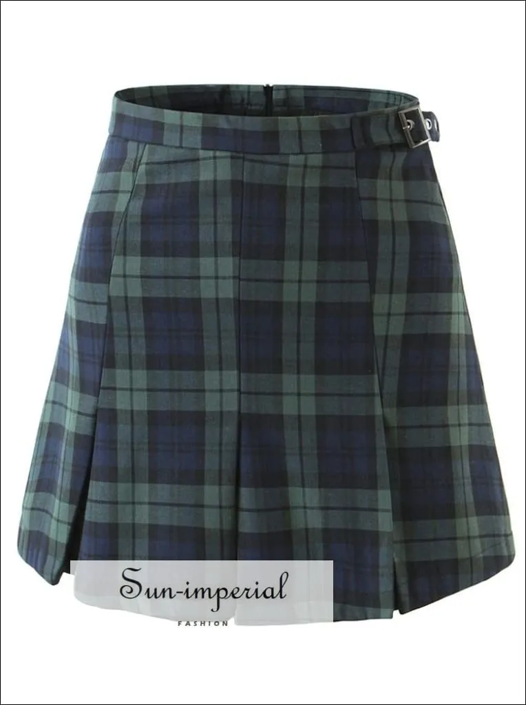 Dark Green and Blue High Waist Check Gingham Plaid Pleated Mini Skirt with Buckle Belt detail