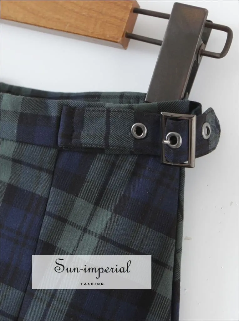 Dark Green and Blue High Waist Check Gingham Plaid Pleated Mini Skirt with Buckle Belt detail