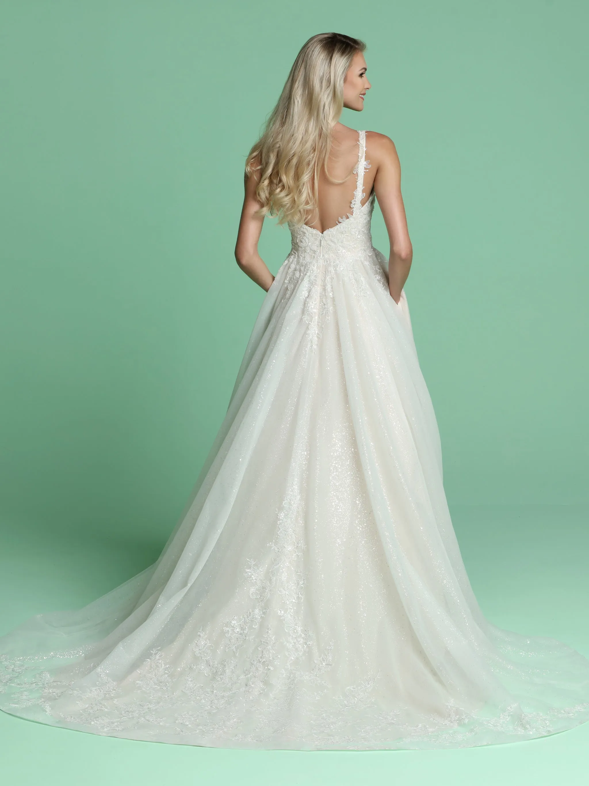 Davinci Bridal 50628 Long Lace Glitter Tulle Ballgown Wedding Dress Pockets