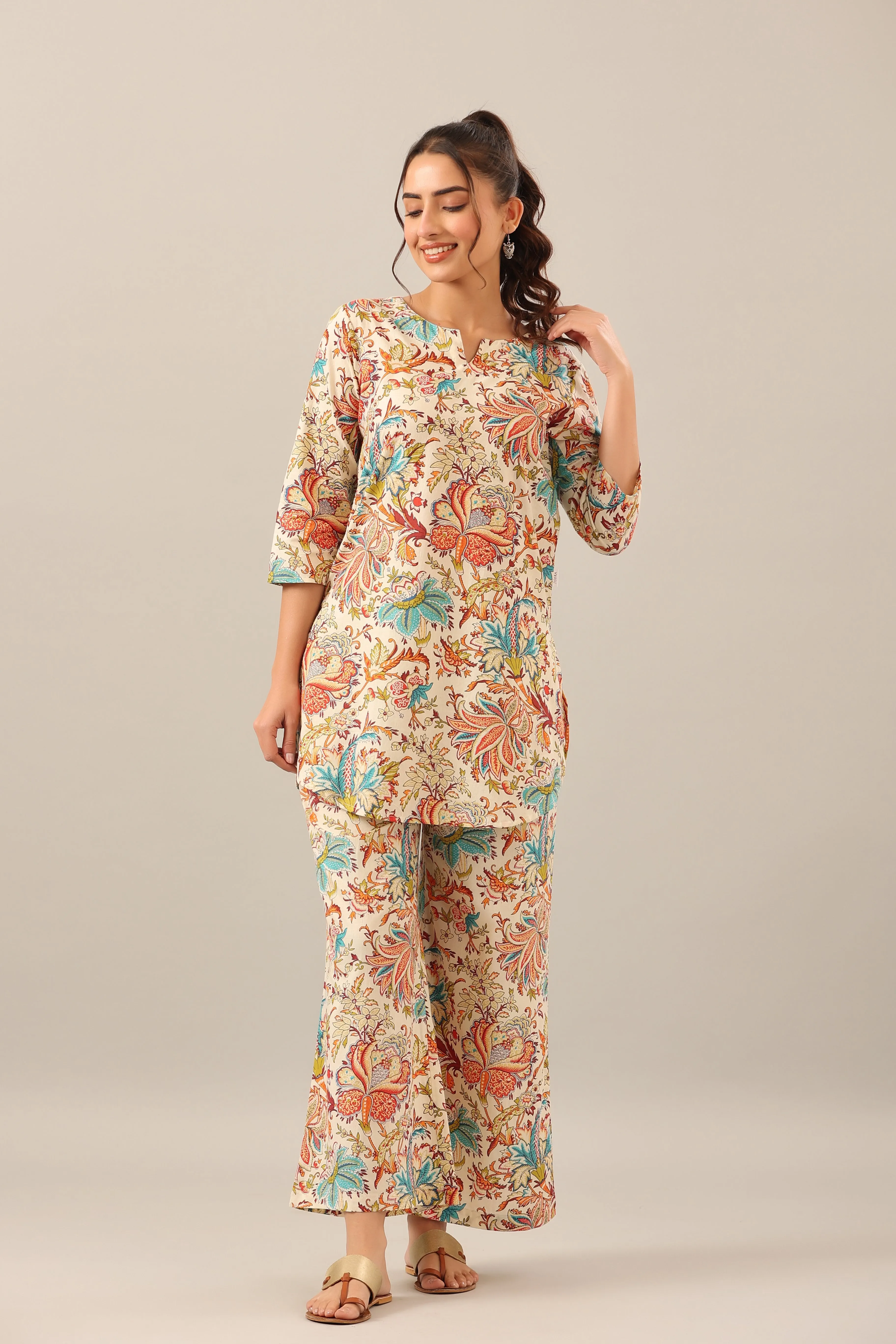 Ethnic Jaal on Cotton Palazzo Loungewear Set