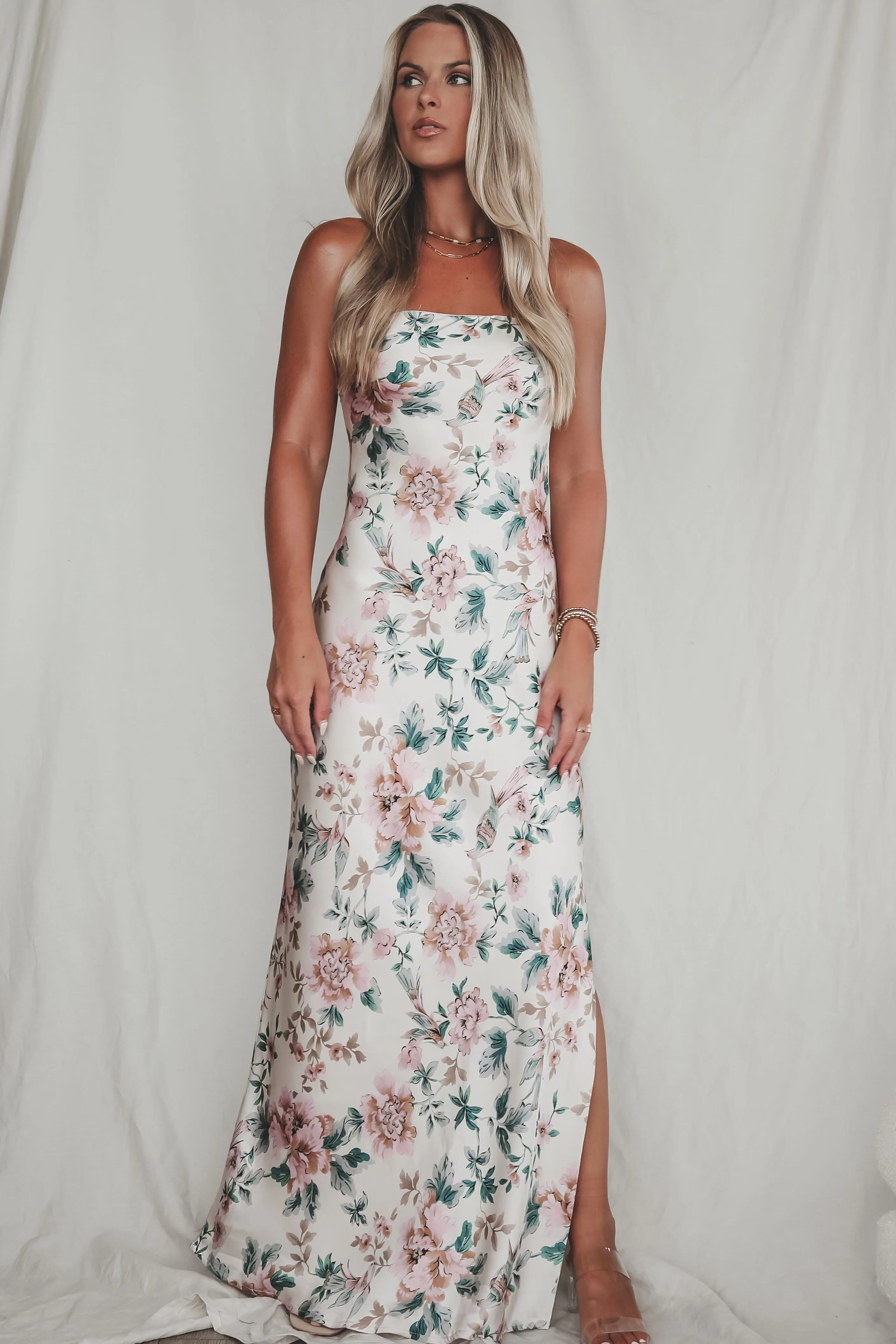 Eyes On You Obviously Ivory Satin Strapless Maxi Dress