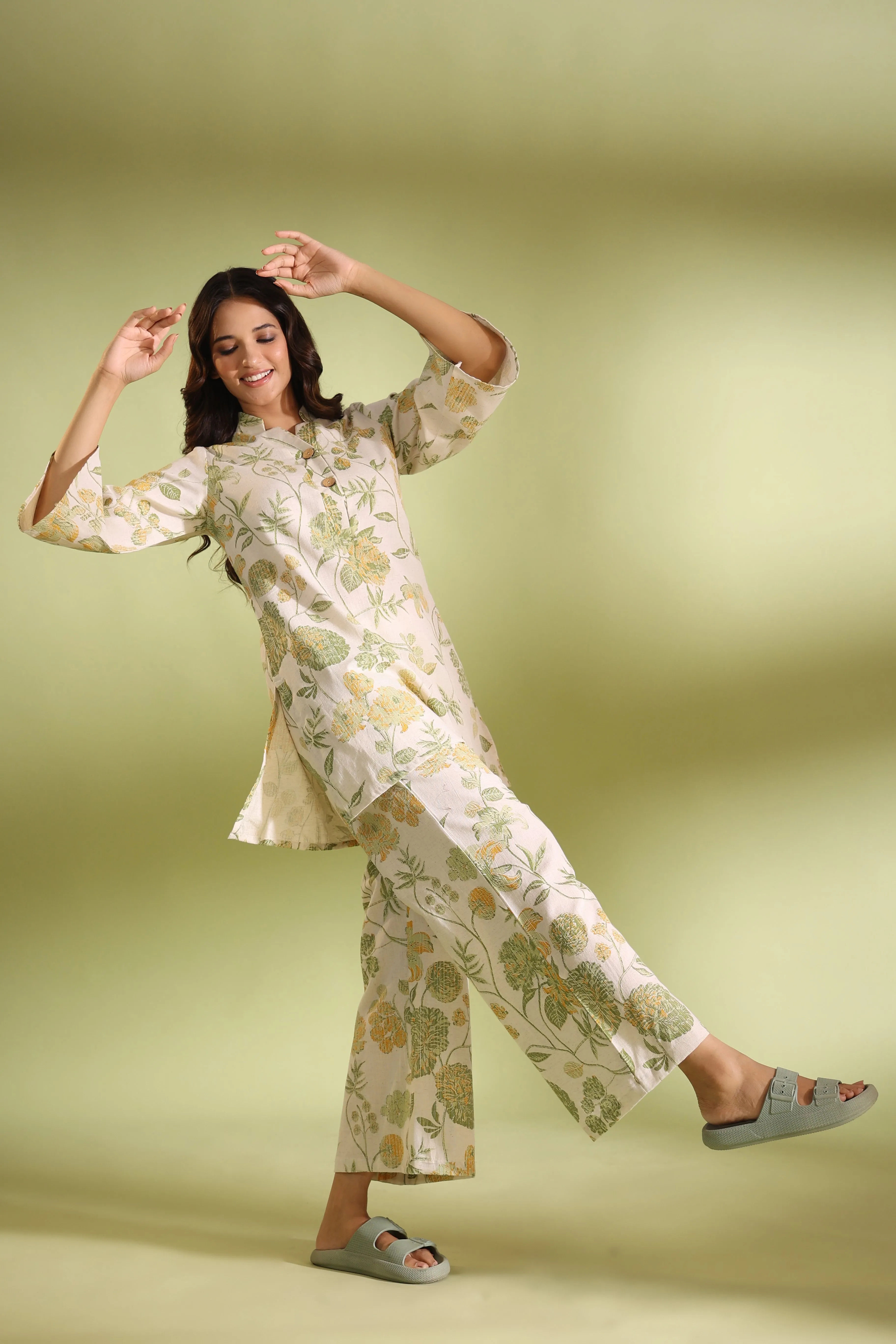 Flora Off White Cotton Flex Palazzo Loungewear Set