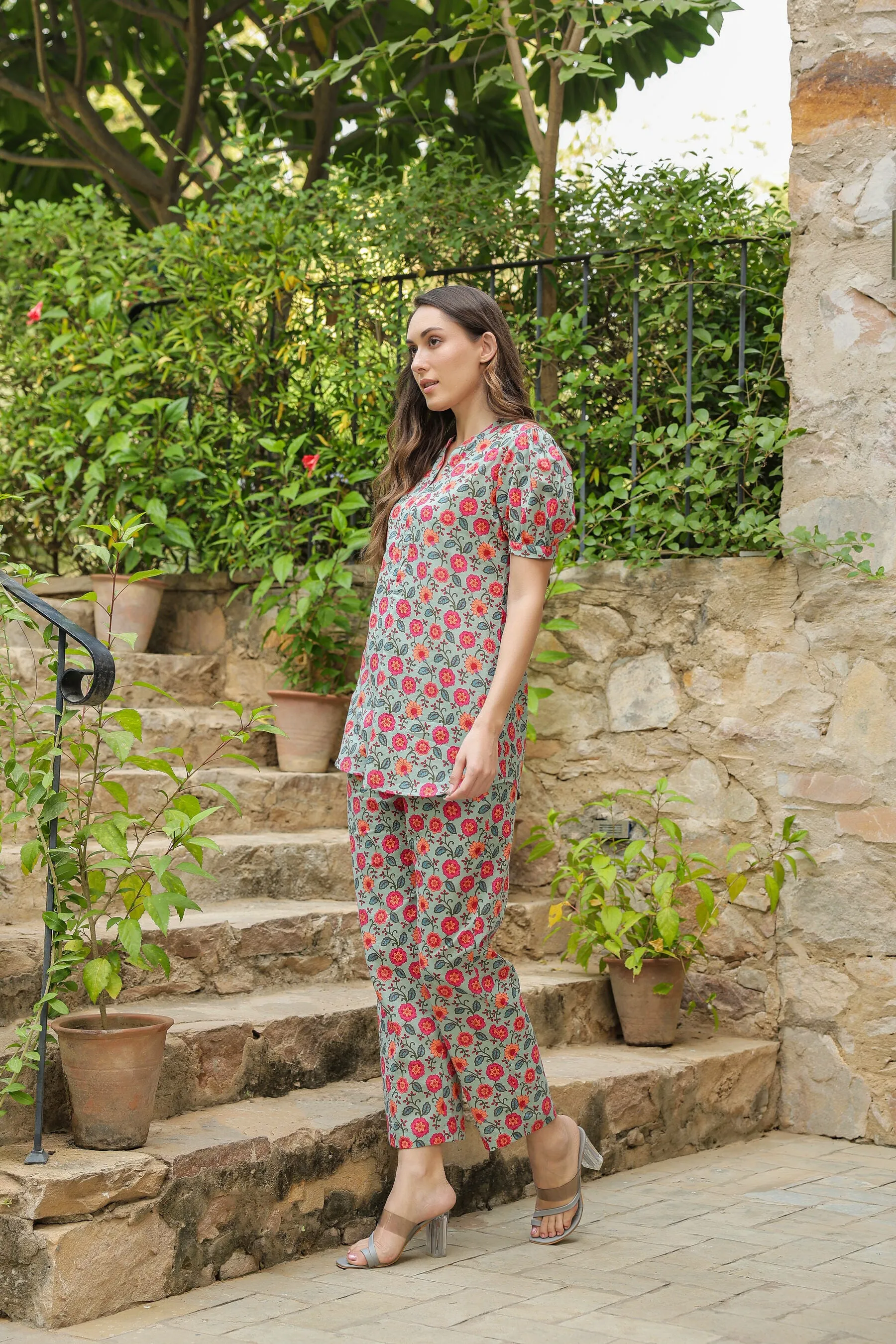 Floral folklore cotton Loungewear Top Set