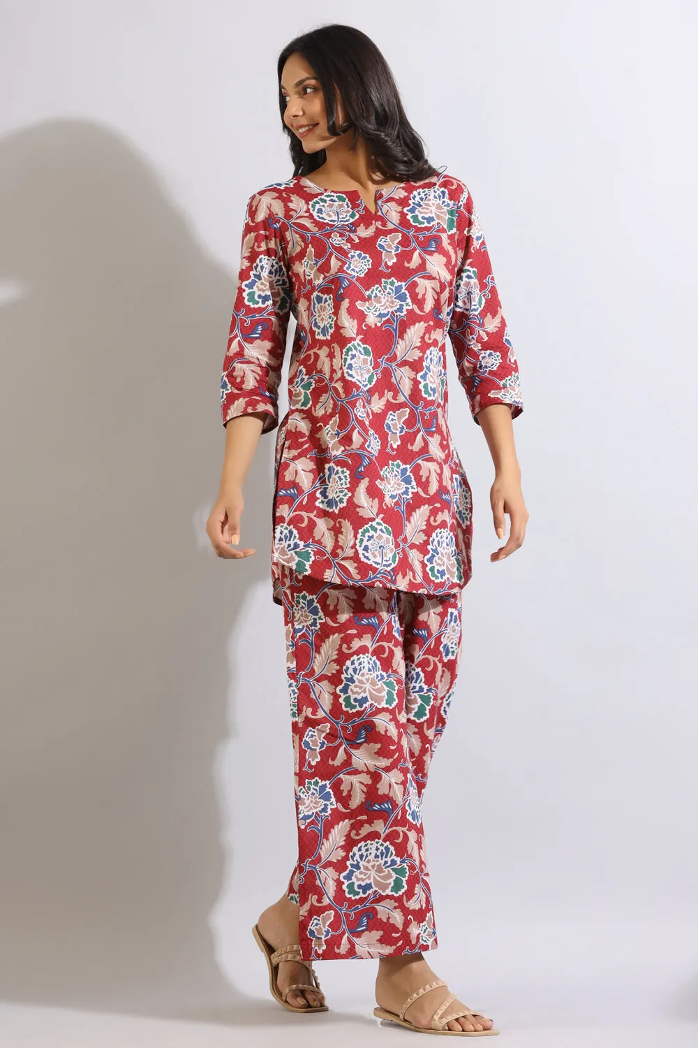 Floral Jaal on Cotton Red Palazzo Loungewear Set