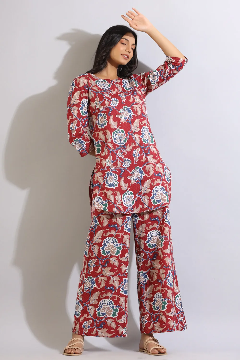 Floral Jaal on Cotton Red Palazzo Loungewear Set