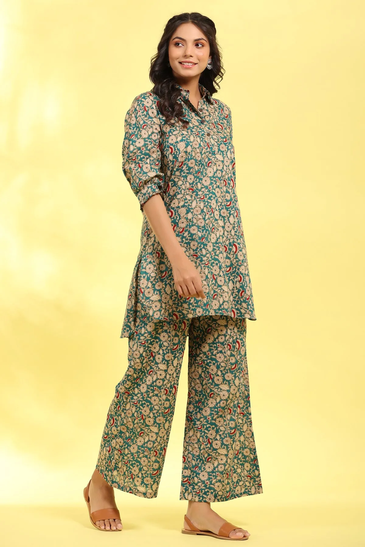 Floral Mosaics on collared Green Cotton Palazzo Loungewear Set