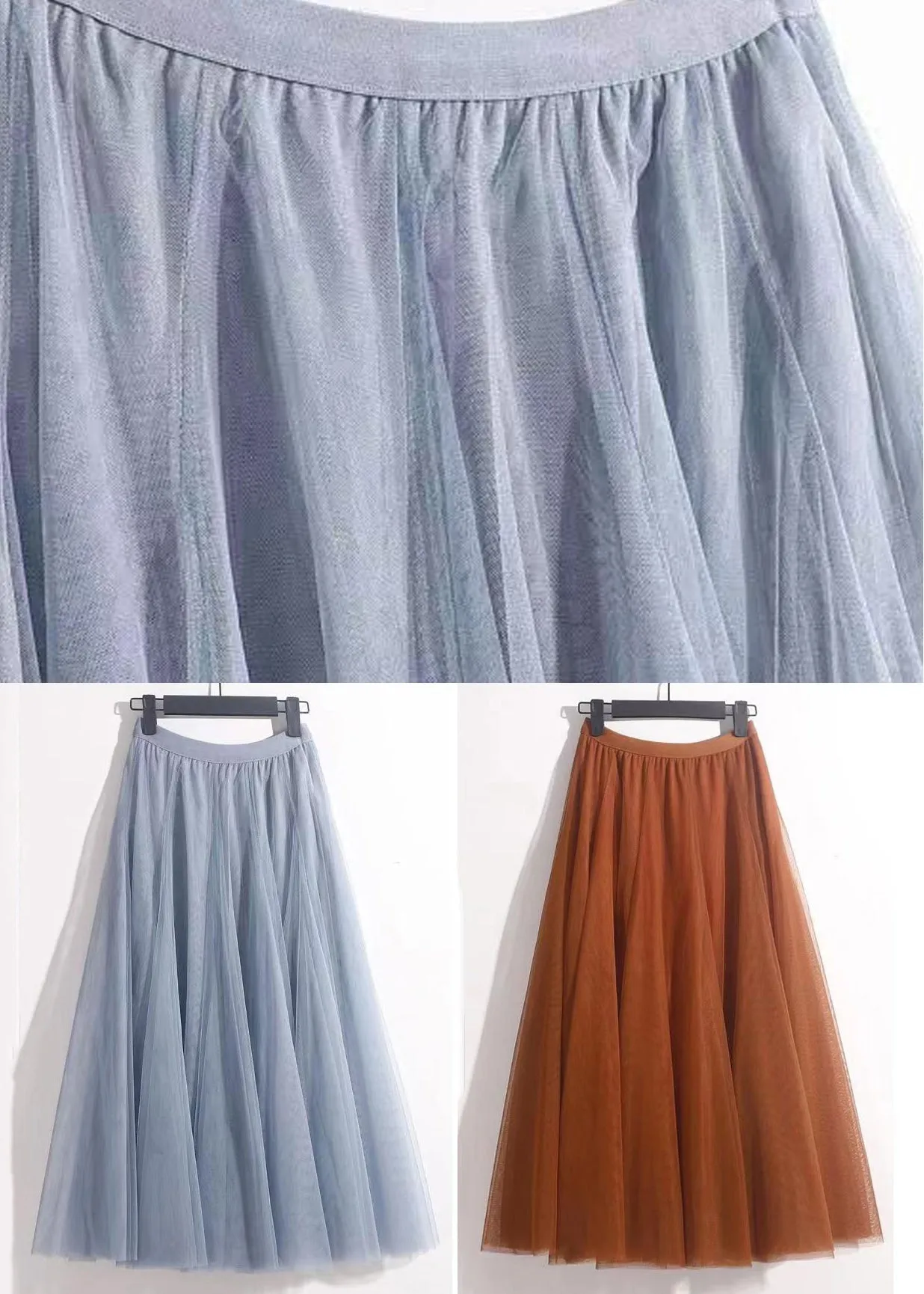 French Haze Blue Elastic Waist Tulle Pleated Skirt Summer AS1084