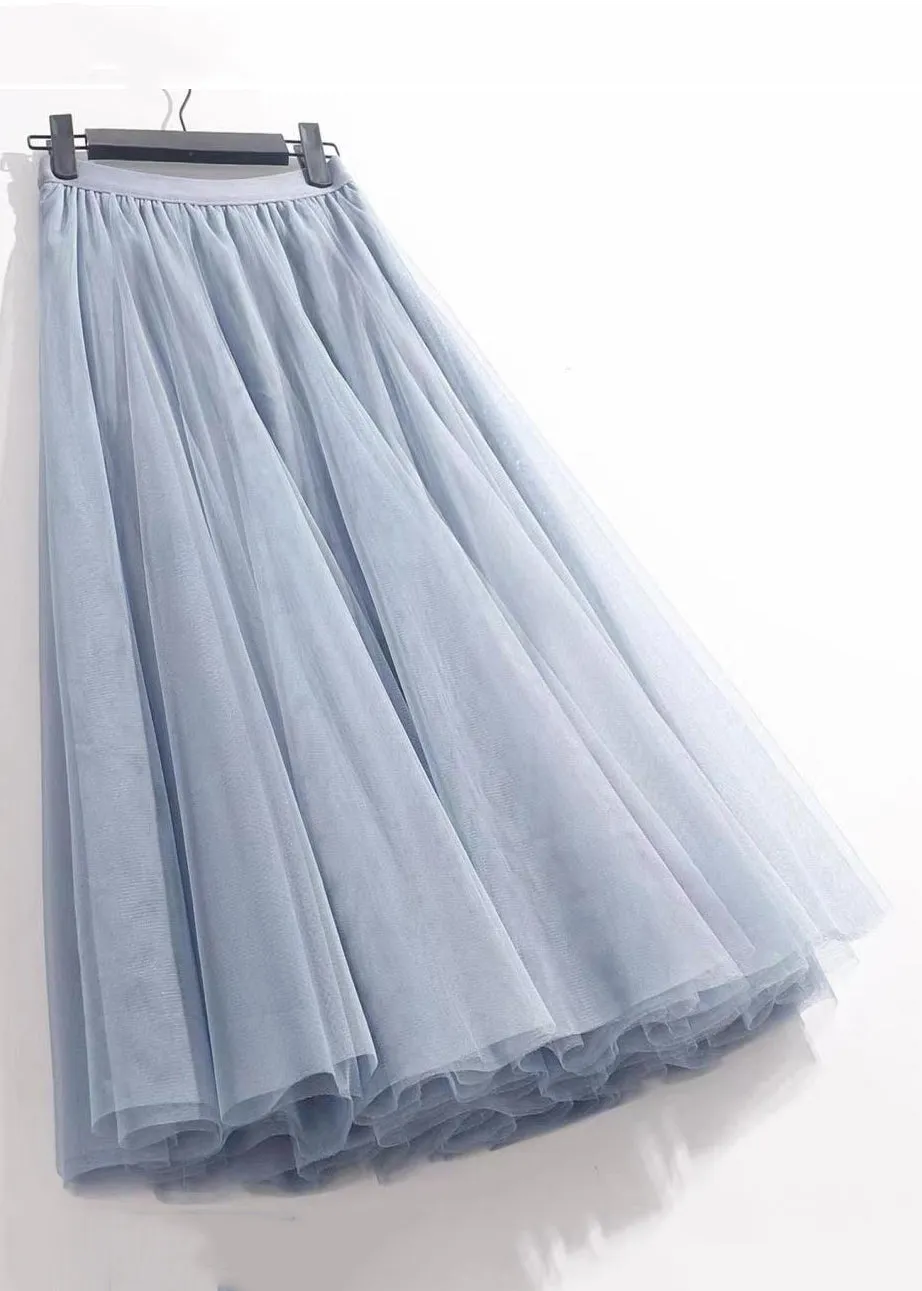 French Haze Blue Elastic Waist Tulle Pleated Skirt Summer AS1084