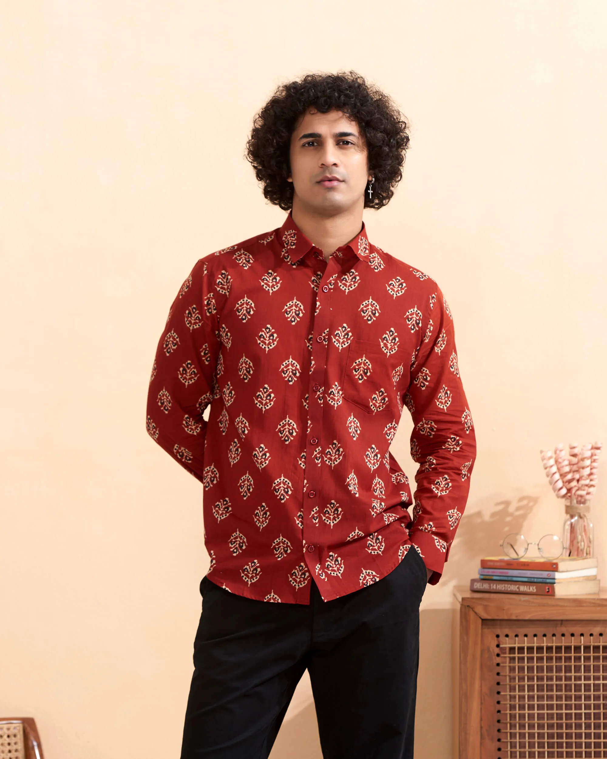 Full Sleeves Red Crepe Cotton Hand Block Printed Casual Men's Shirt