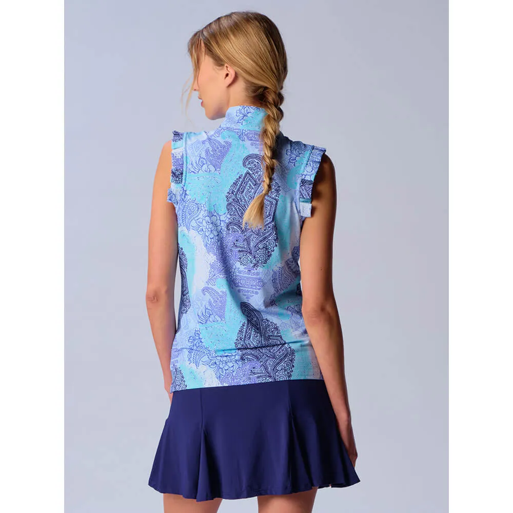 G Lifestyle Half Zip Ruffle Sleeveless Top - Blue Paisley