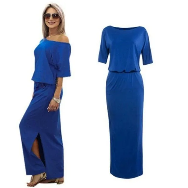 GAOKE Gorgeous Splice Contrast Panel Loose Off Shoulder Style Maxi Dress