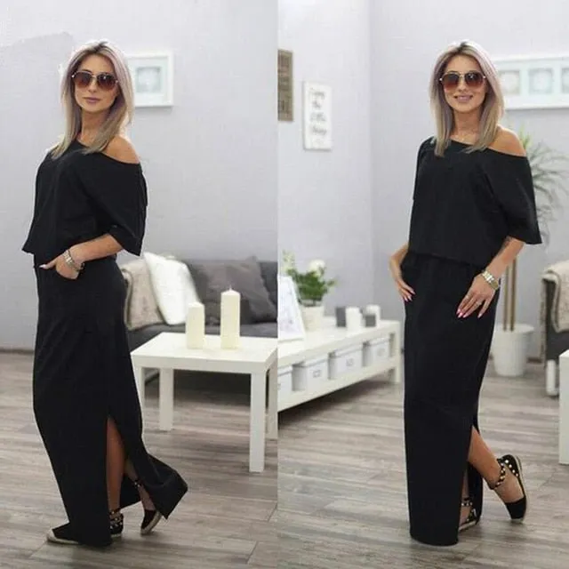 GAOKE Gorgeous Splice Contrast Panel Loose Off Shoulder Style Maxi Dress