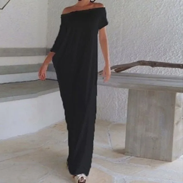 GAOKE Gorgeous Splice Contrast Panel Loose Off Shoulder Style Maxi Dress