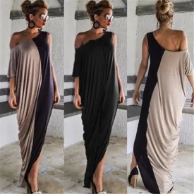 GAOKE Gorgeous Splice Contrast Panel Loose Off Shoulder Style Maxi Dress