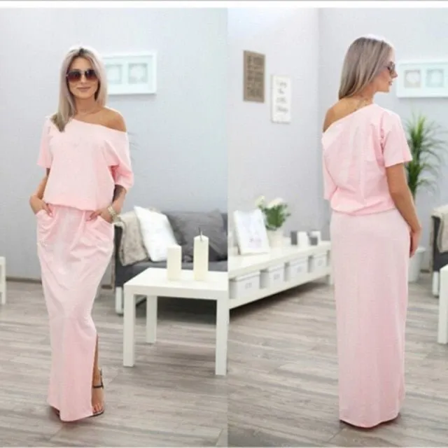 GAOKE Gorgeous Splice Contrast Panel Loose Off Shoulder Style Maxi Dress