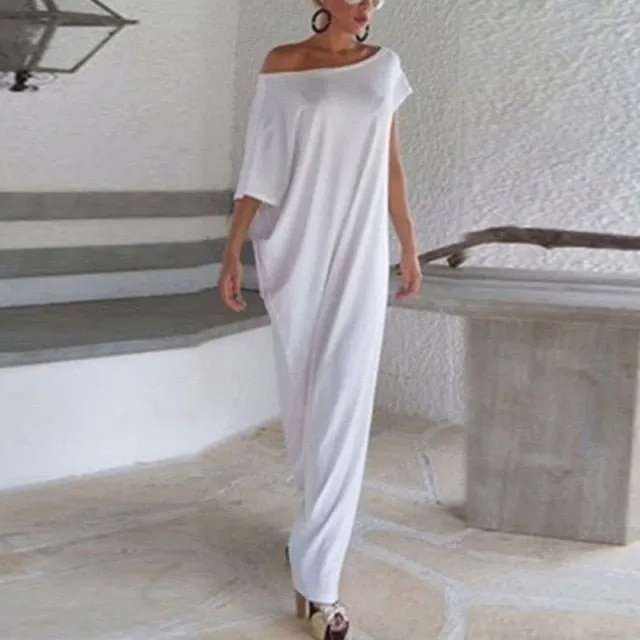 GAOKE Gorgeous Splice Contrast Panel Loose Off Shoulder Style Maxi Dress