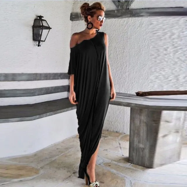 GAOKE Gorgeous Splice Contrast Panel Loose Off Shoulder Style Maxi Dress