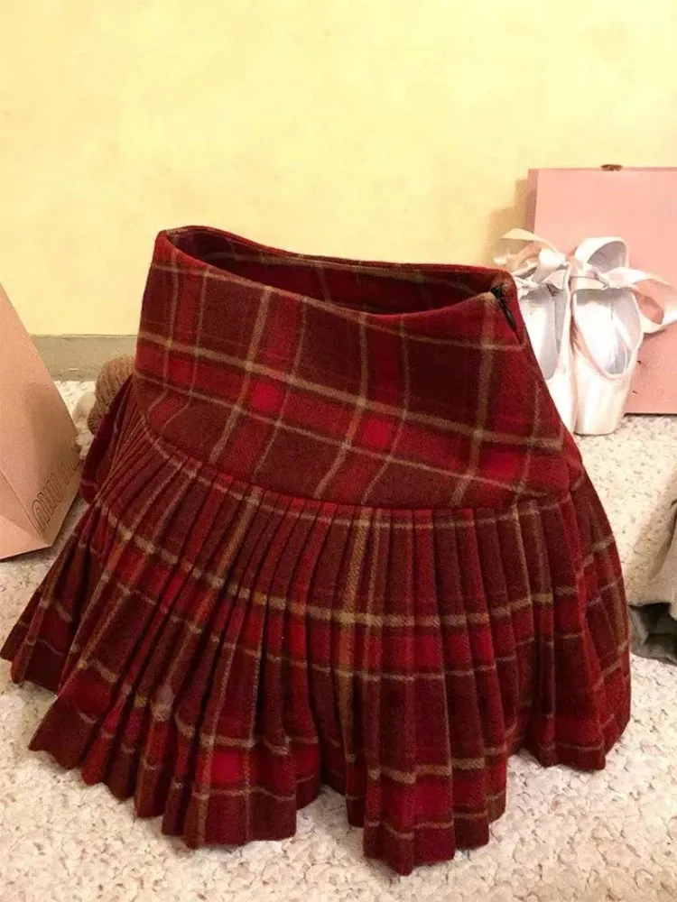 Girlary Preppy Style Sweet Plaid Pleated Skirt for Women Y2k 200s Vintage High Waist Mini Skirt 2024 NewAutumn Winter Female Clothing