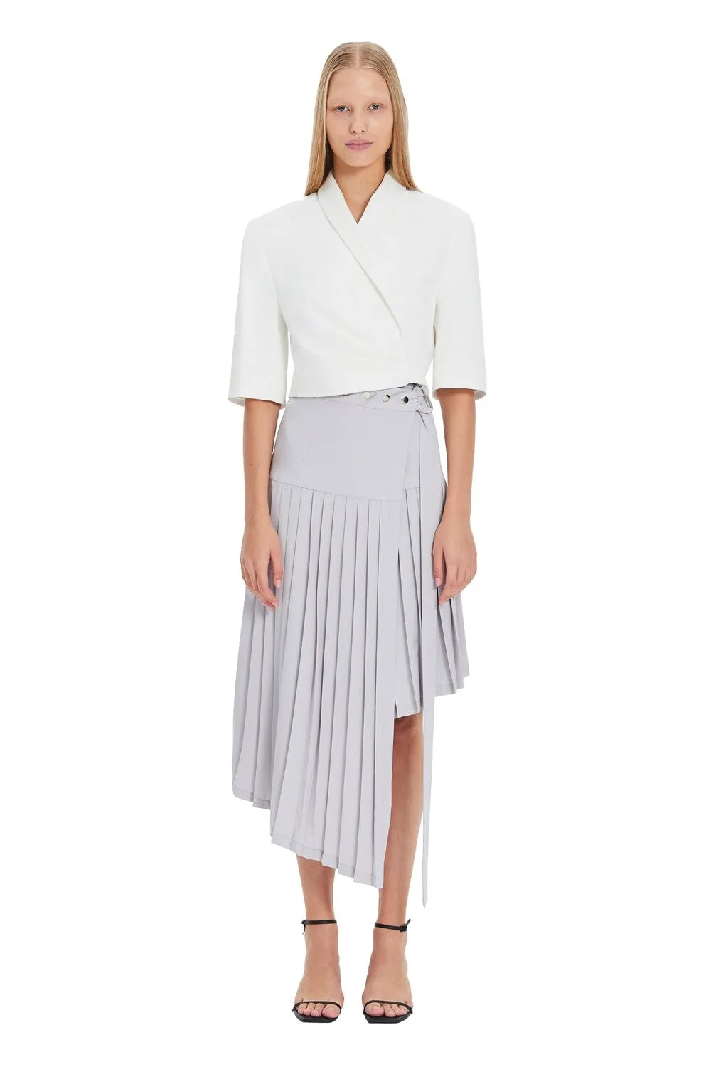 Gray Midi High-Waist Asymmetrical Pleated Skirt