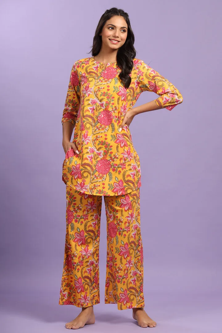 Gulmohar on Cotton Mustard Palazzo Loungewear Set