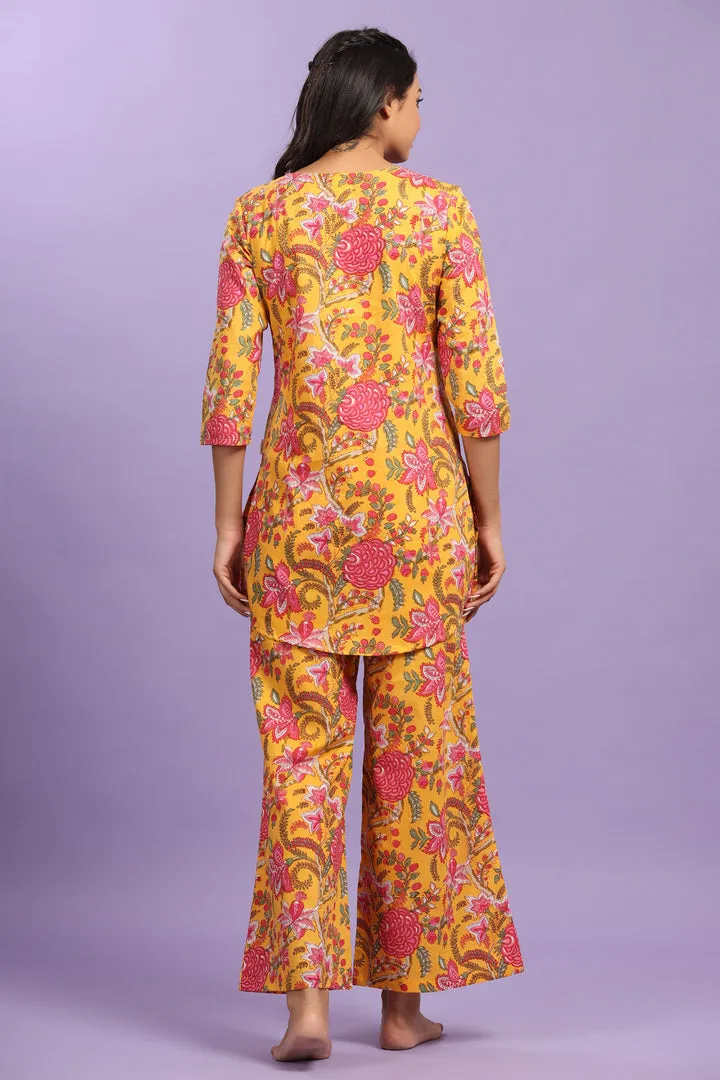 Gulmohar on Cotton Mustard Palazzo Loungewear Set