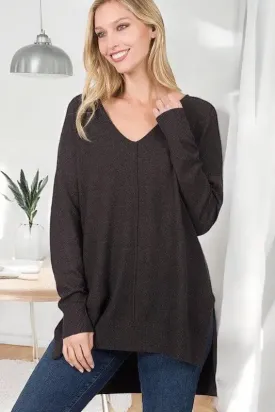 Hi-Low Hem V-Neck Center Seam Sweater