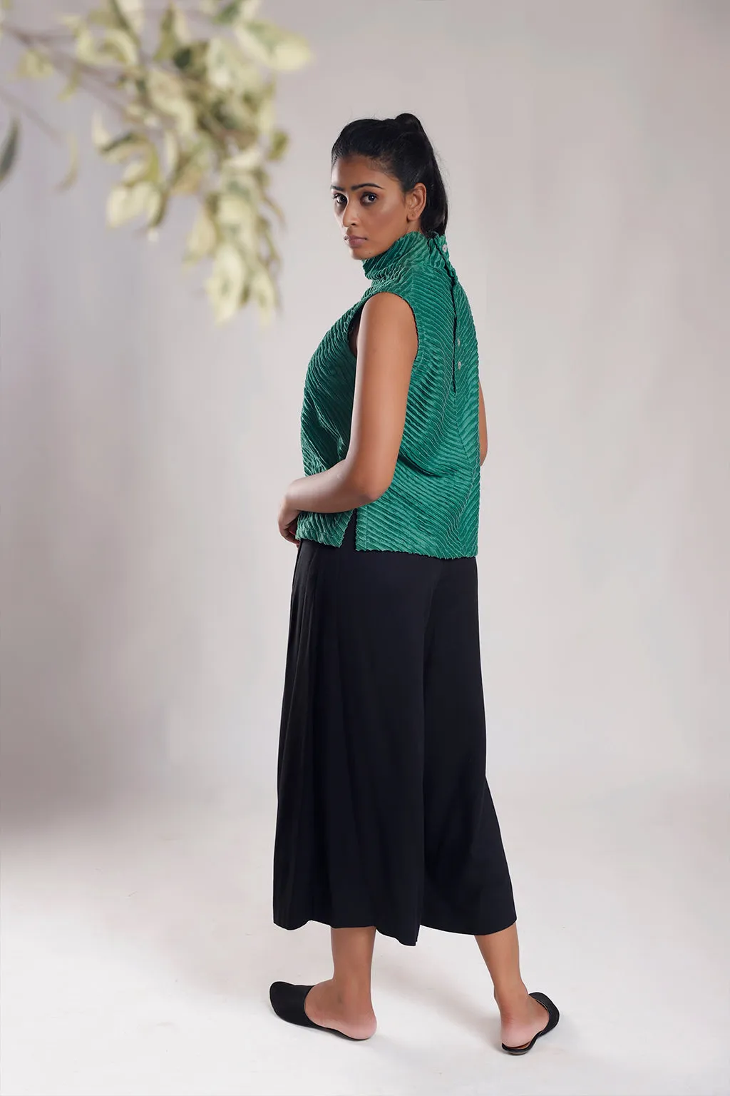 High Neck Sleeveless Textured Chanderi Top