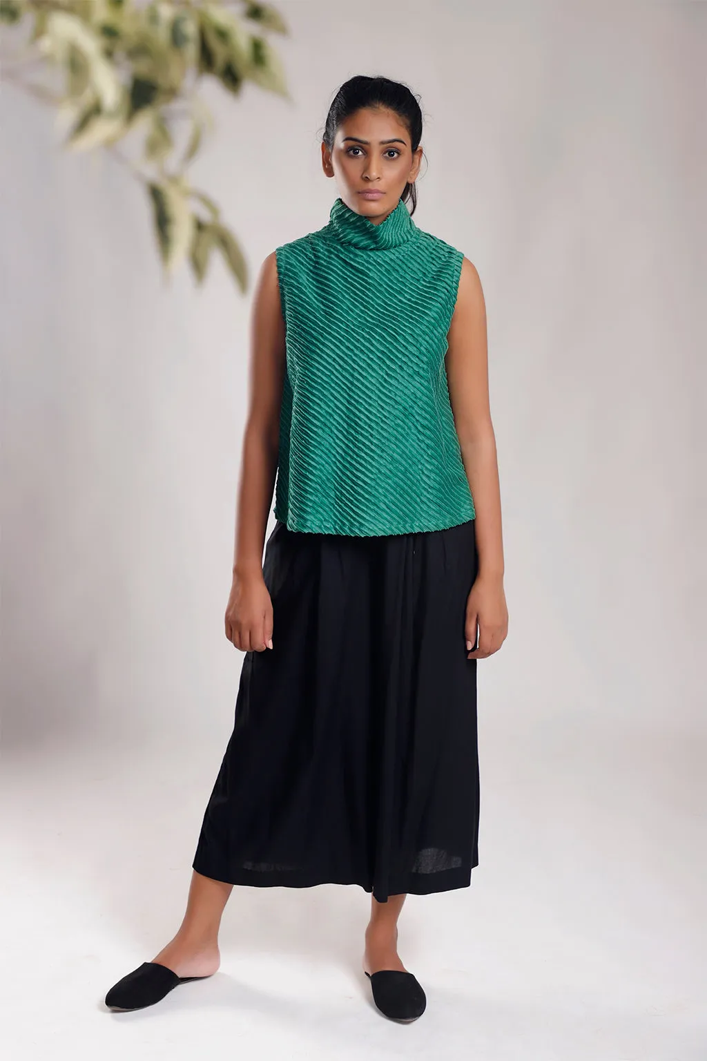 High Neck Sleeveless Textured Chanderi Top