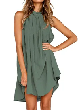 KIRUNDO 2023 Women's Summer Halter Neck Sleeveless Mini Dress Loose Tank Top Pleated Dress Short Beach Dress Sundress (Grey Green, X-Large)