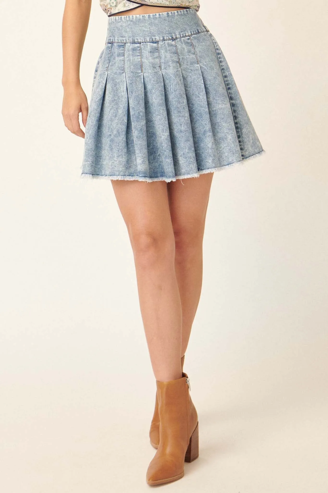 Love All Denim Frayed-Hem Pleated Tennis Skirt