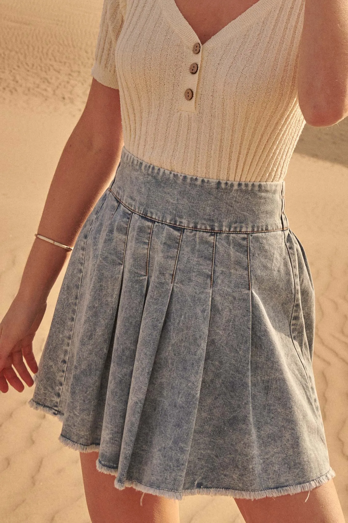 Love All Denim Frayed-Hem Pleated Tennis Skirt