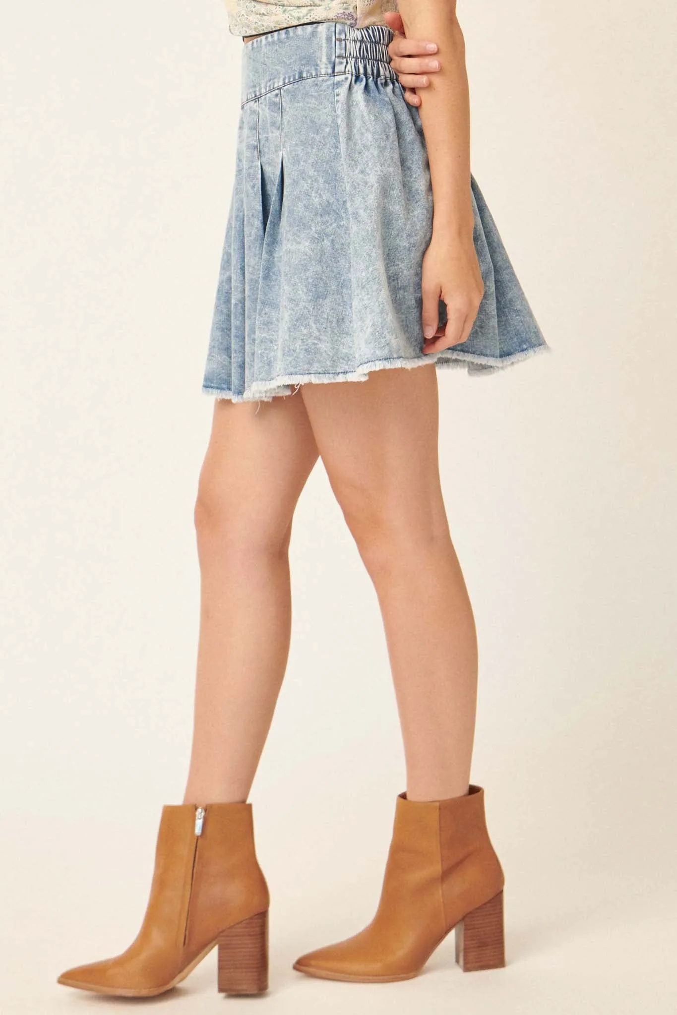 Love All Denim Frayed-Hem Pleated Tennis Skirt