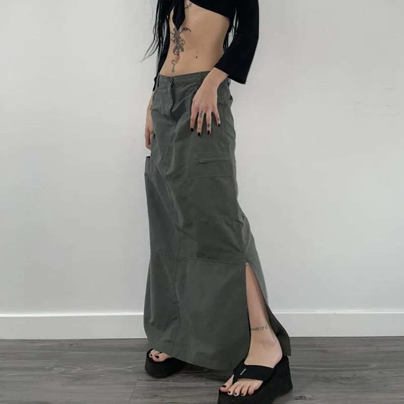 Low Waist Cargo Skirt & women's A-line gray long skirt