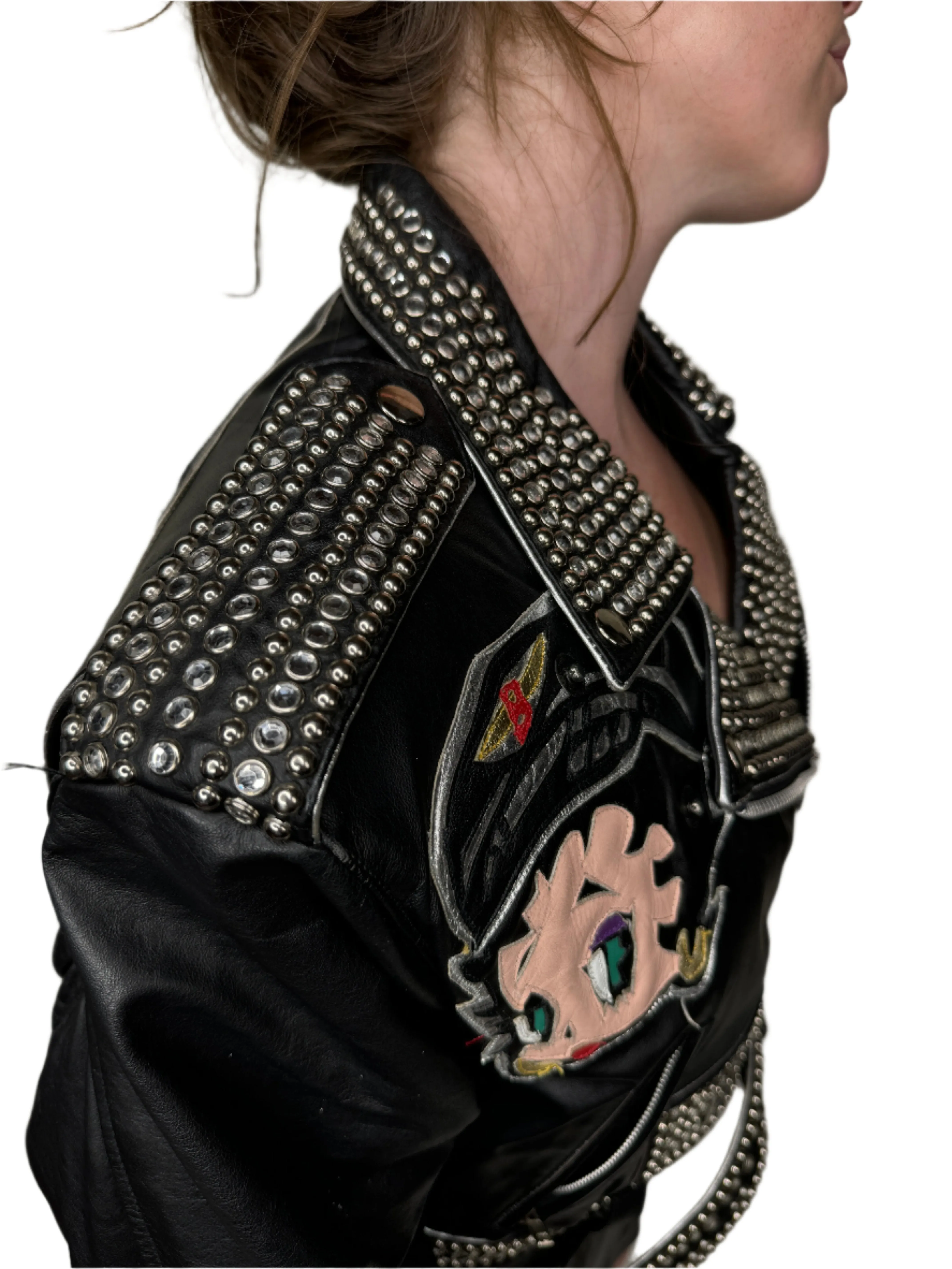 Maziar Betty Boop, Black Leather Moto Jacket 1990s