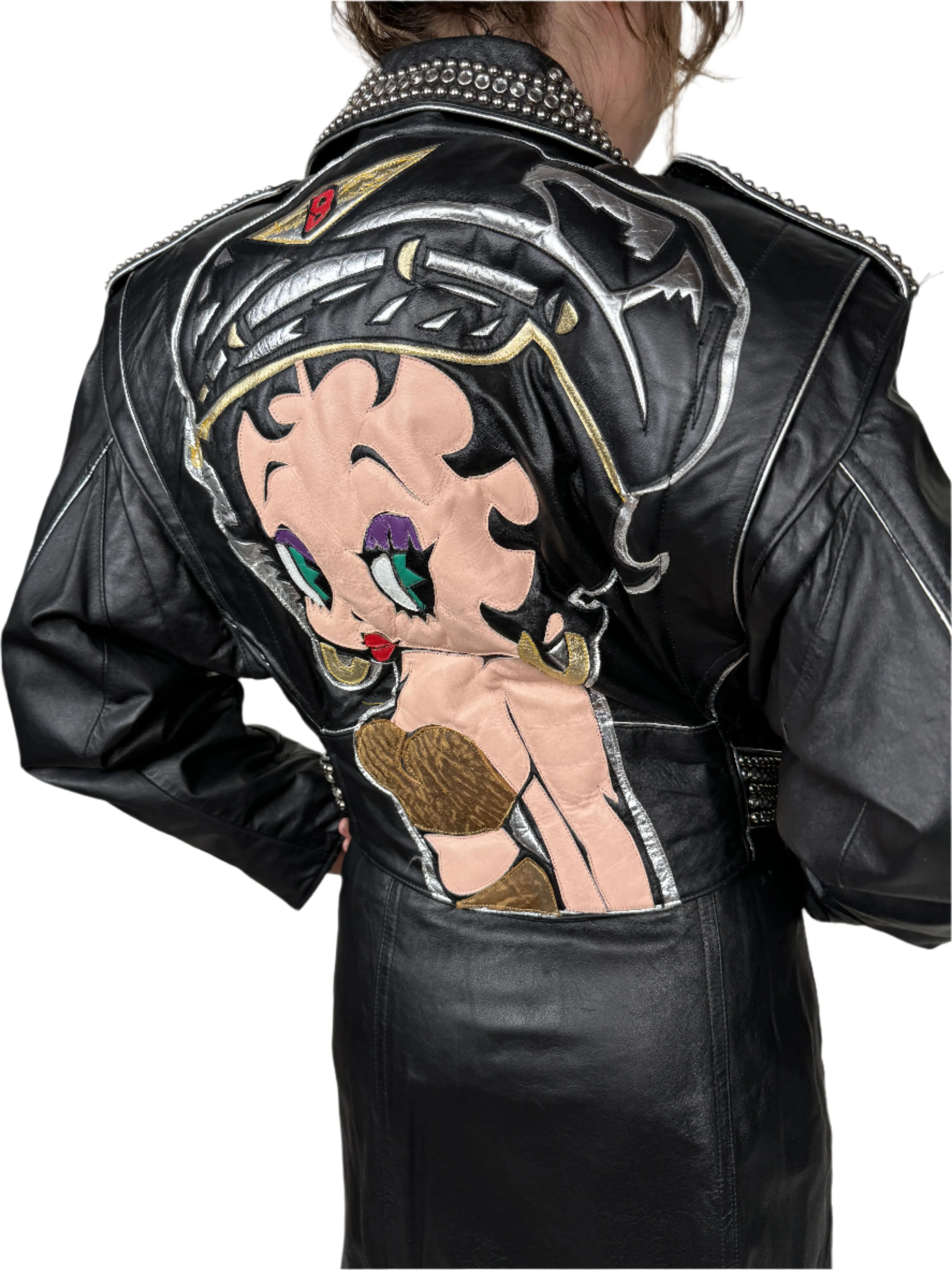 Maziar Betty Boop, Black Leather Moto Jacket 1990s