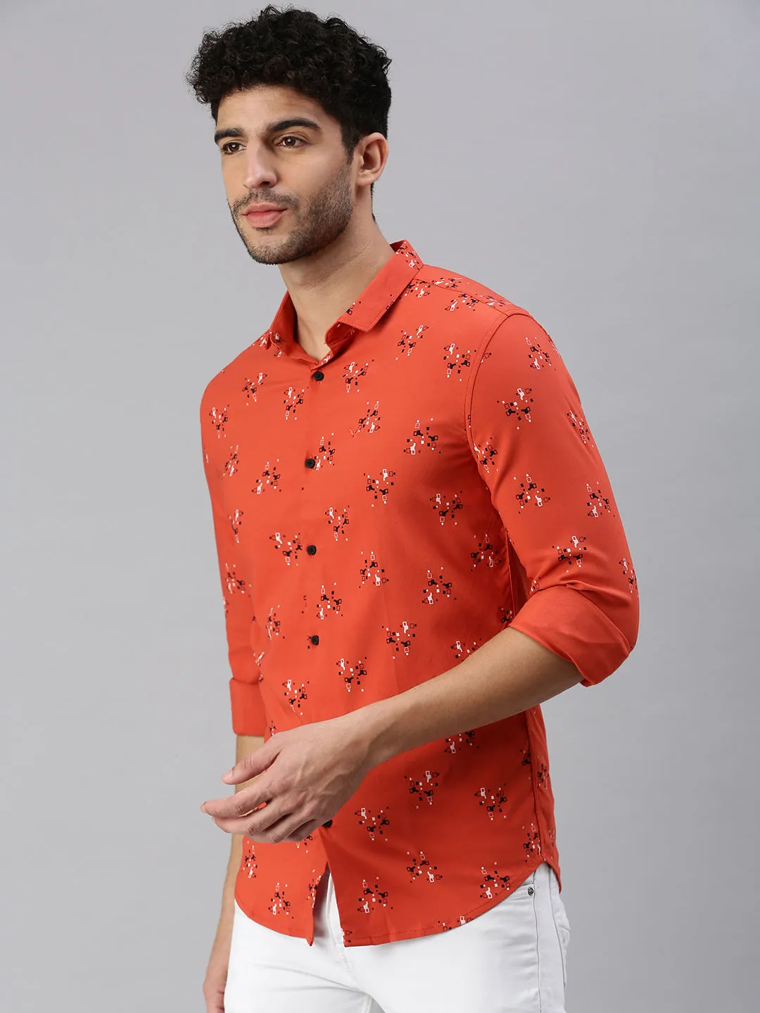 Men Rust Printed Casual Shirt