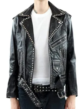 Men Silver Studded Jacket Black Punk Silver Spiked Leather Belted Biker Jacket