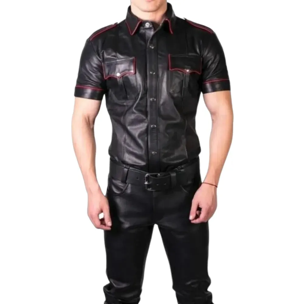 Mens Black Leather Shirt with Red Piping