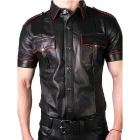 Mens Black Leather Shirt with Red Piping