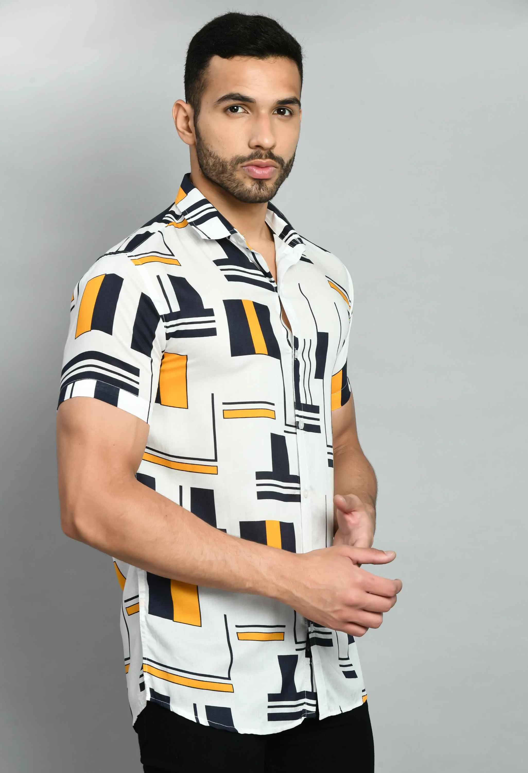 Men's Black White Rayon Casual Shirt