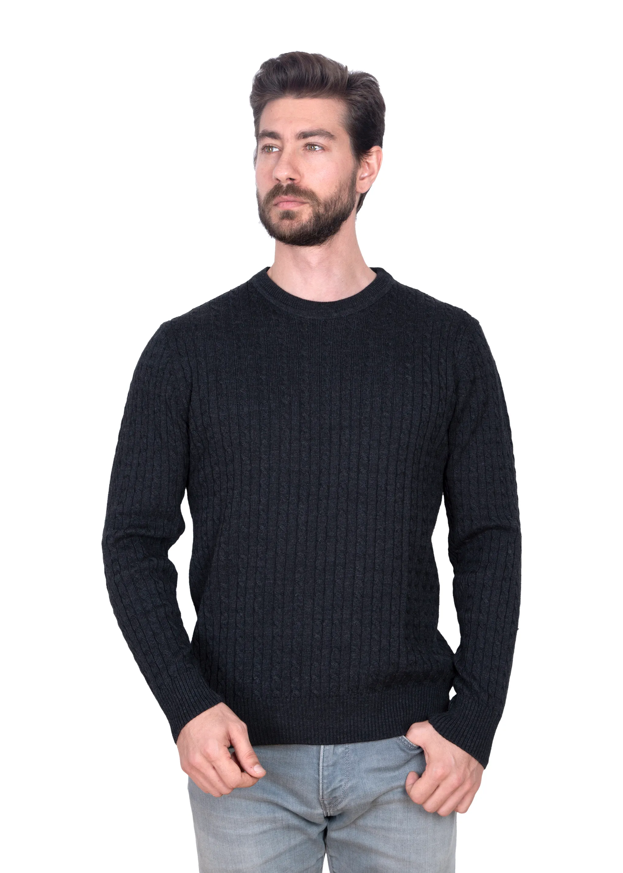 Men's Charcoal Mildura Wool Cable Knit Crew Neck Jumper