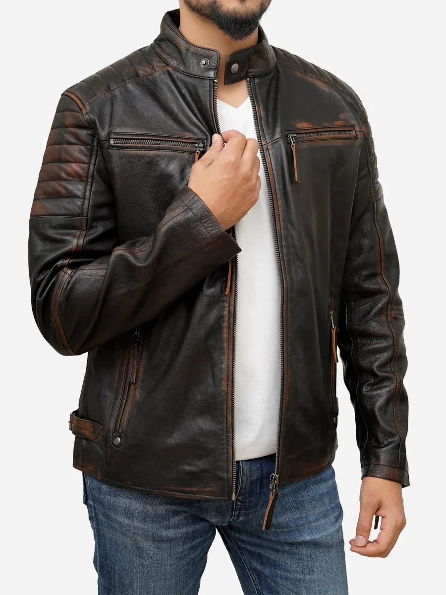 Men's Distressed Brown Leather Moto Cafe Racer Jacket